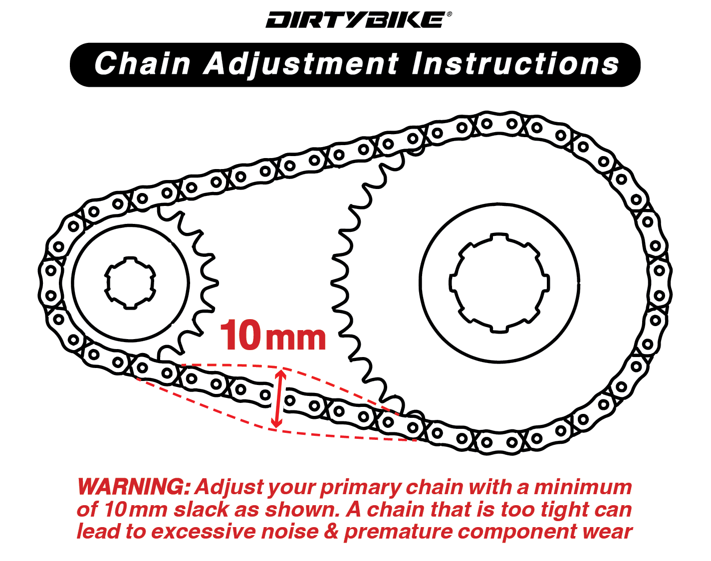 Chain adjustment diagram showing 10mm slack on sprockets with warning