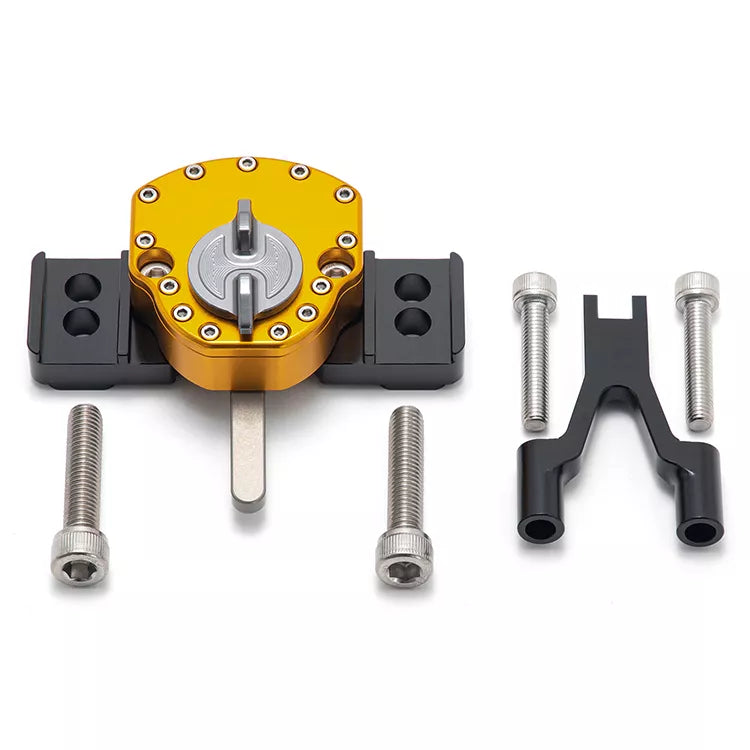 Gold hydraulic steering damper for the Surron Ultra Bee electric bike.