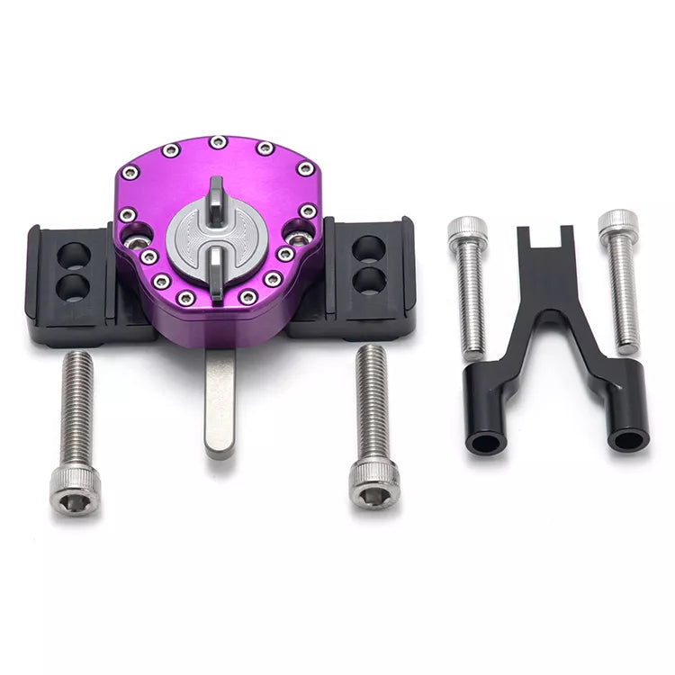 Purple hydraulic steering damper for Surron Ultra Bee.