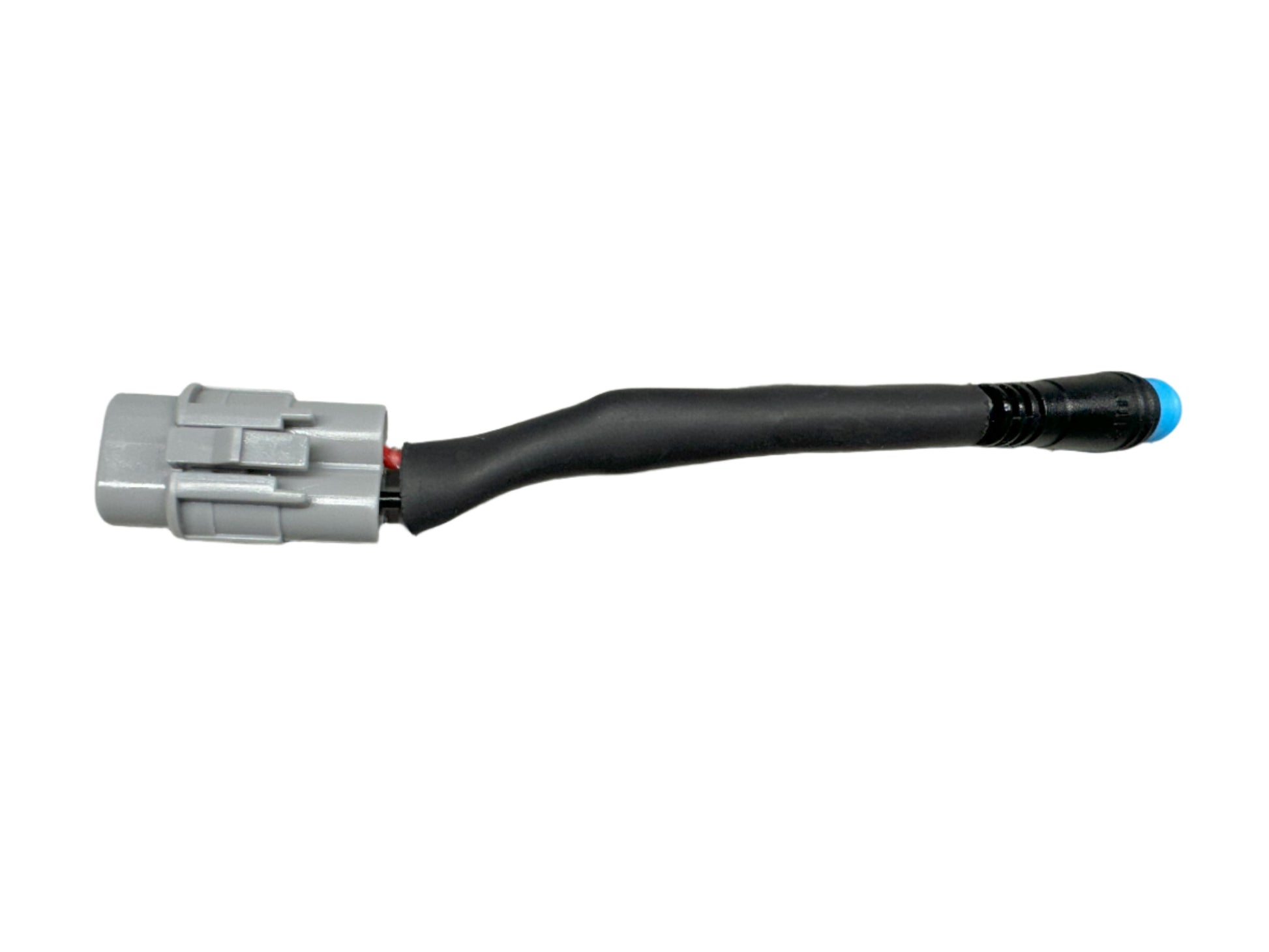 A black headlight adapter cable with a gray connector on one end and a blue connector on the other, intended for use with Rawrr Mantis X bikes