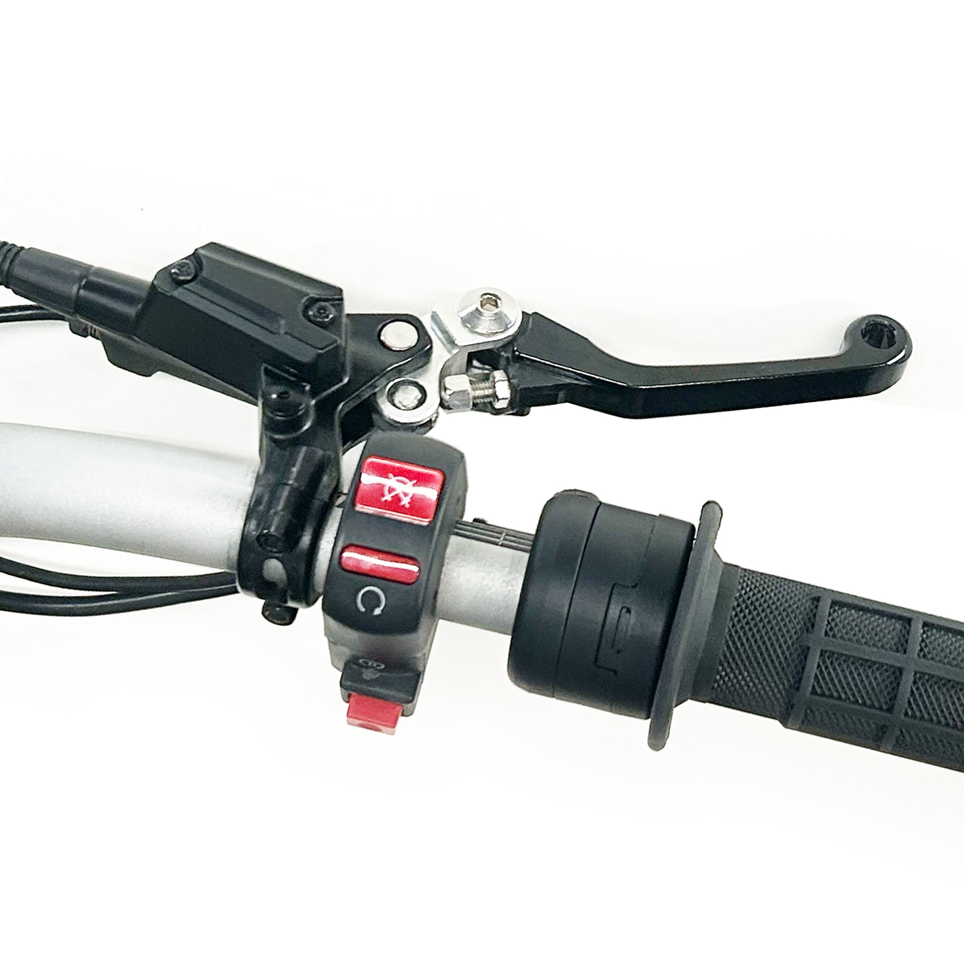 Close-up of motorcycle handlebar controls with throttle and brake lever on a white background