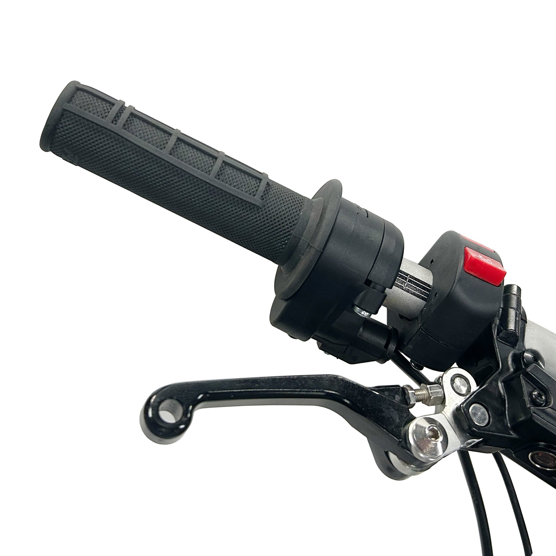 Close-up of motorcycle handlebar controls on a white background