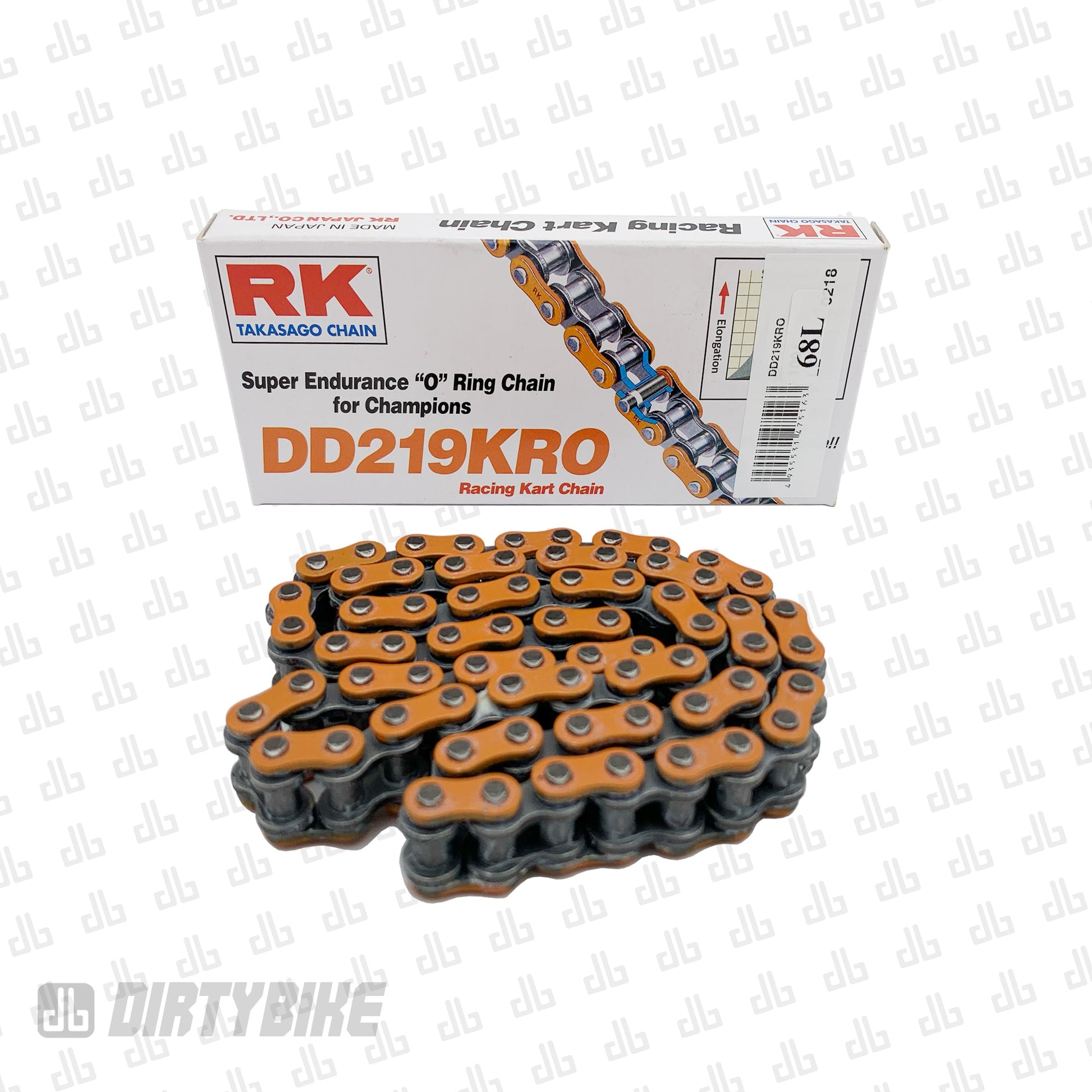 Orange 219 RK chain in front of RK box on DirtyBike watermarked background