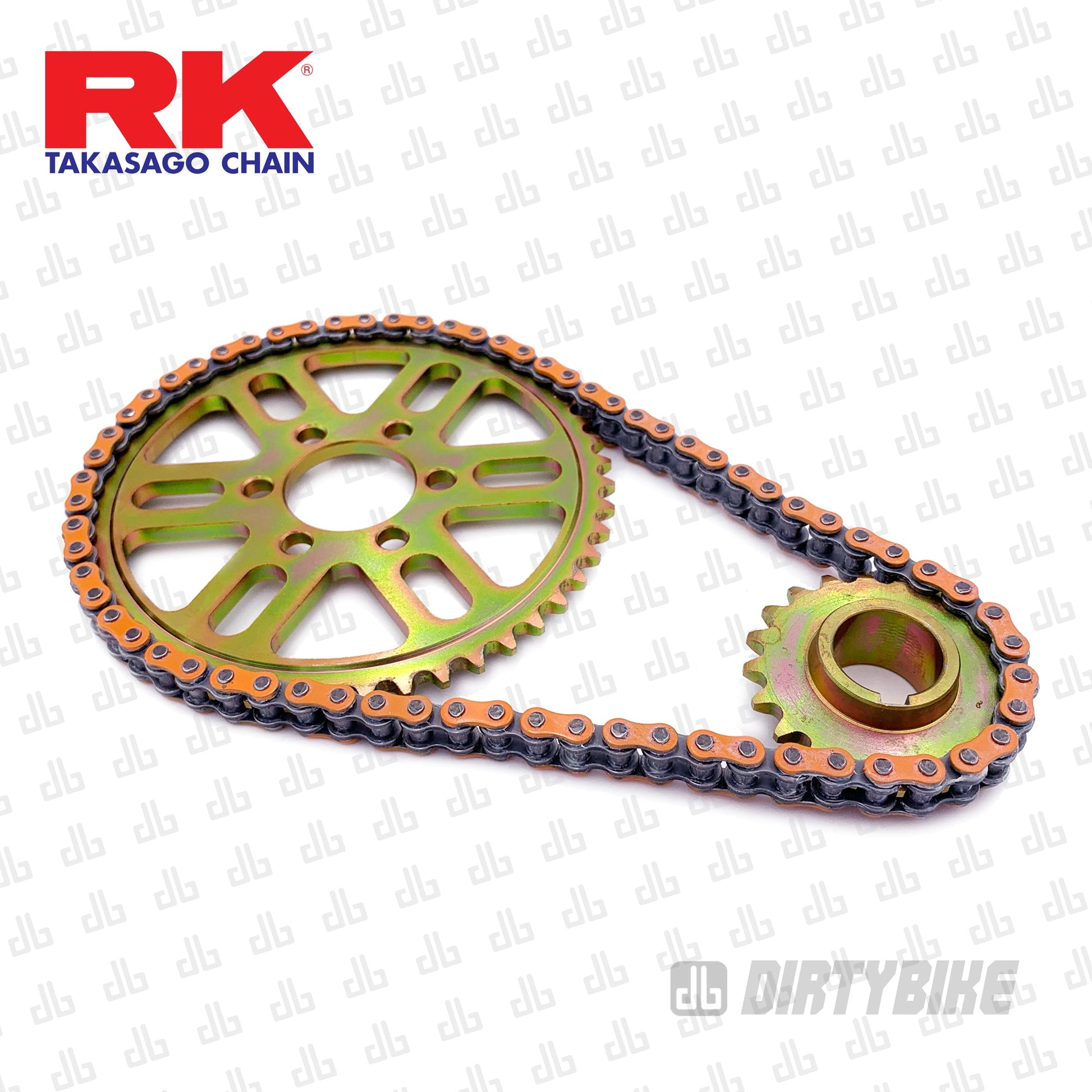 Orange RK chain on sprockets with DirtyBike watermark in the background