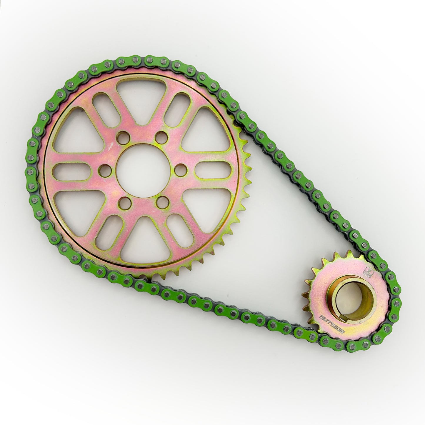 219 RK green chain on sprockets on a white background