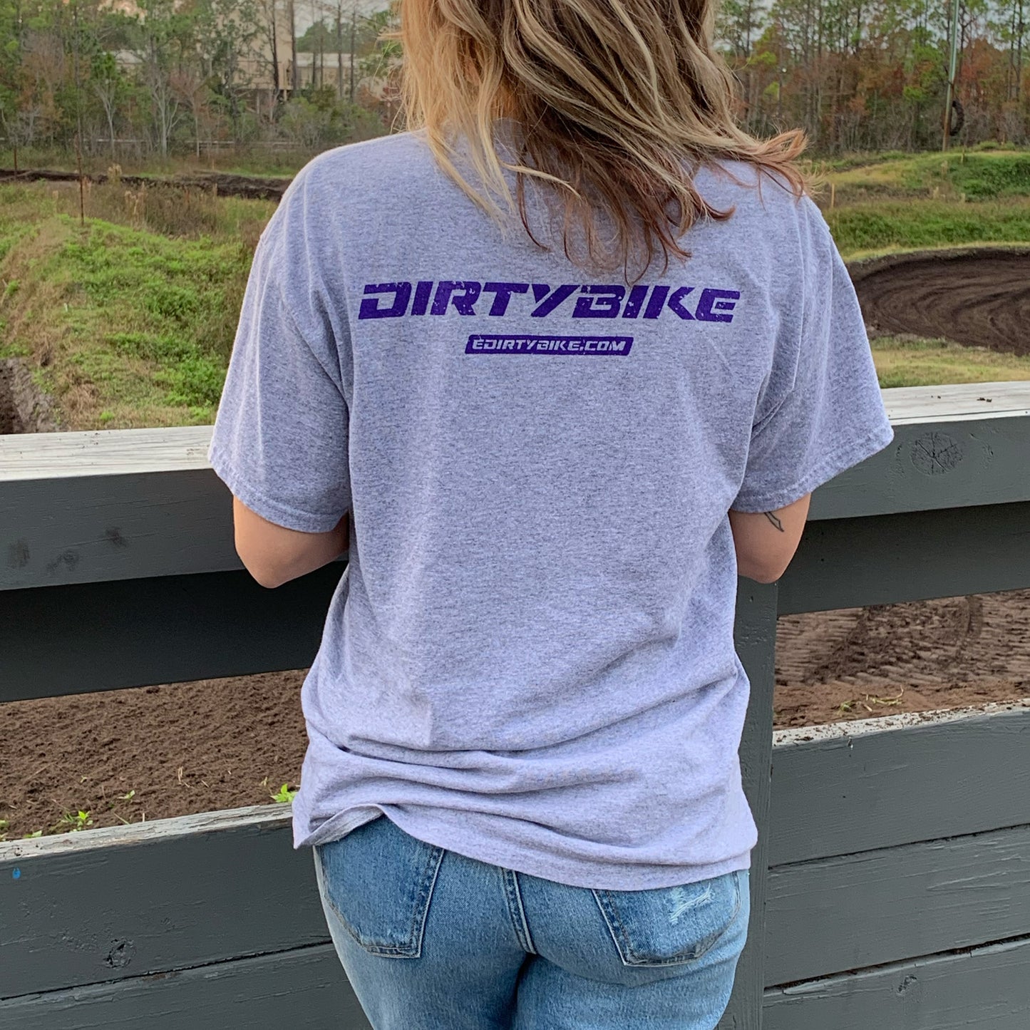 Back view of DirtyBike T-shirt in gray with a simple and sleek design.